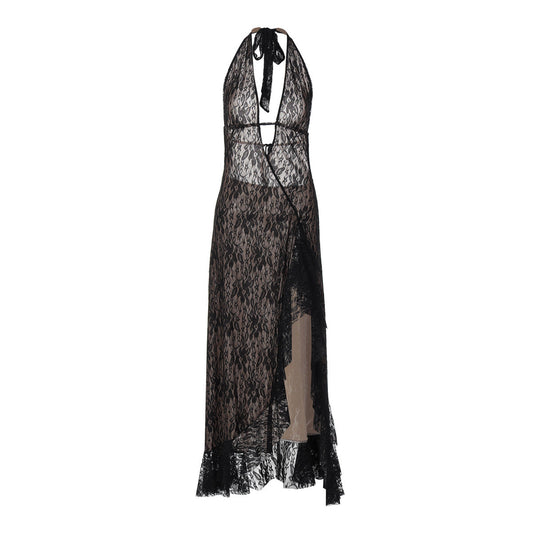 Halter self tie lace slit hollow out cut out maxi dress  | Festival Outfits Women