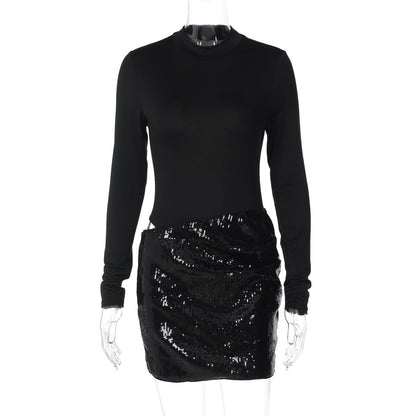 Long sleeve crewneck glitter hollow out cut out mini dress  | Festival Outfits Women