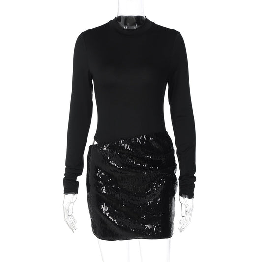 Long sleeve crewneck glitter hollow out cut out mini dress  | Festival Outfits Women