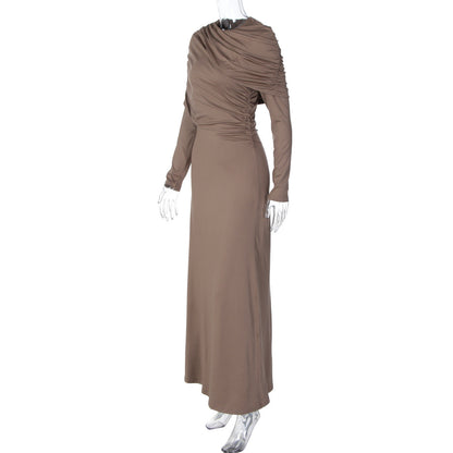 Long sleeve ruched irregular crewneck maxi dress  | Festival Outfits Women