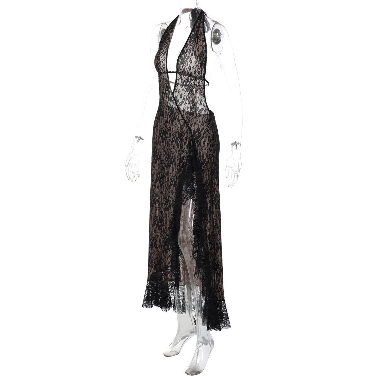 Halter self tie lace slit hollow out cut out maxi dress  | Festival Outfits Women