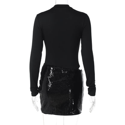 Long sleeve crewneck glitter hollow out cut out mini dress  | Festival Outfits Women