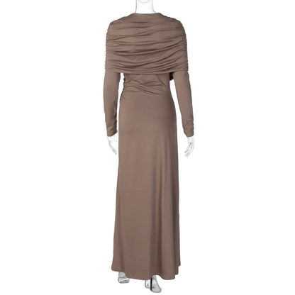 Long sleeve ruched irregular crewneck maxi dress  | Festival Outfits Women