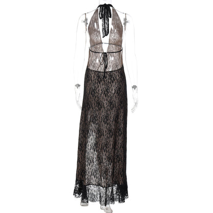Halter self tie lace slit hollow out cut out maxi dress  | Festival Outfits Women