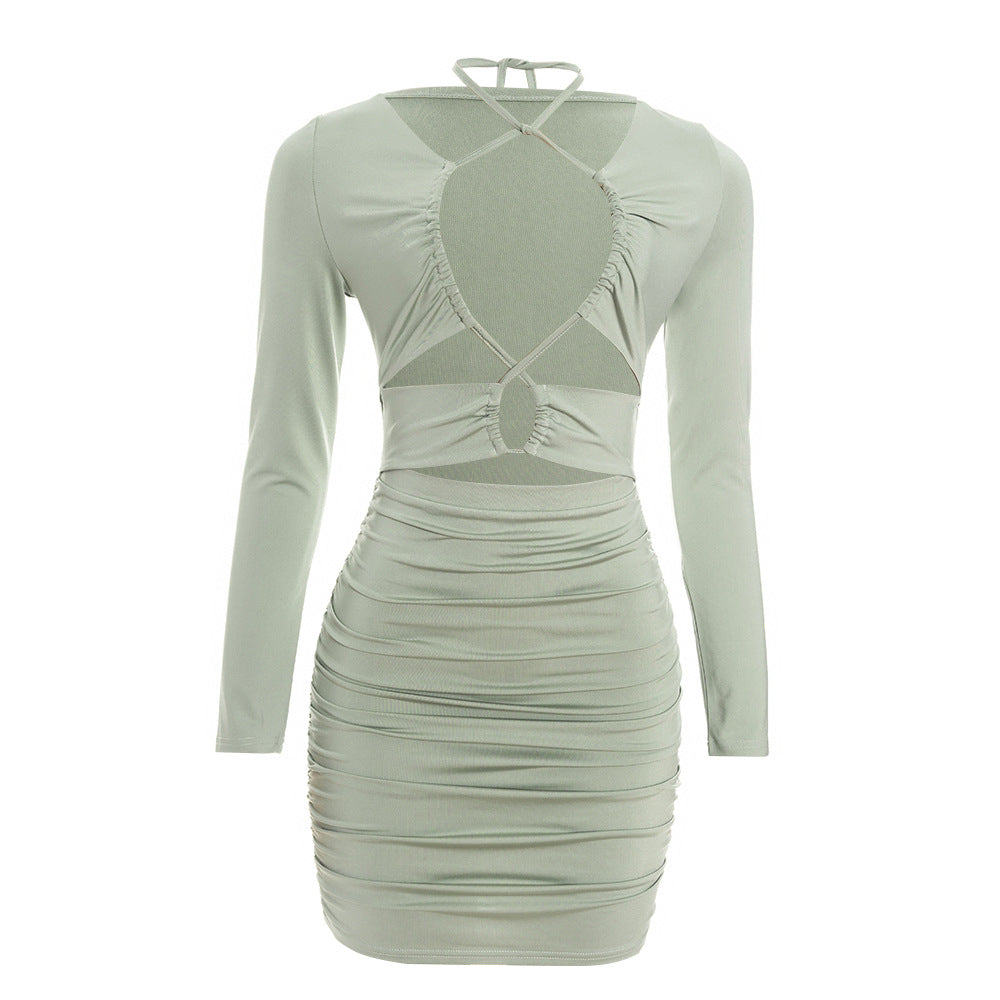 Ruched long sleeve hollow out self tie cut out mini dress  | Festival Outfits Women