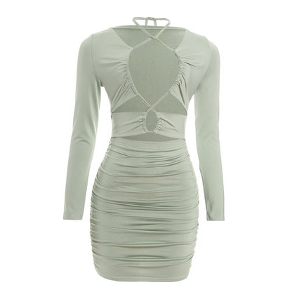 Ruched long sleeve hollow out self tie cut out mini dress  | Festival Outfits Women