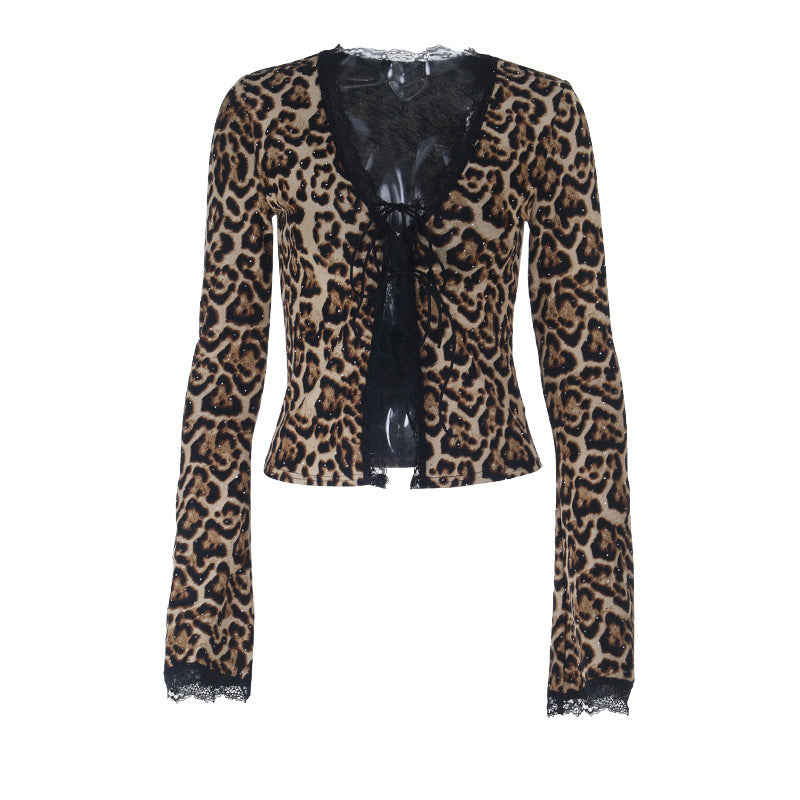 Leopard print lace hem v neck long sleeve self tie top  | Festival Outfits Women  | Cheetah Print Top
