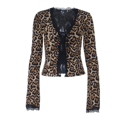 Leopard print lace hem v neck long sleeve self tie top  | Festival Outfits Women  | Cheetah Print Top