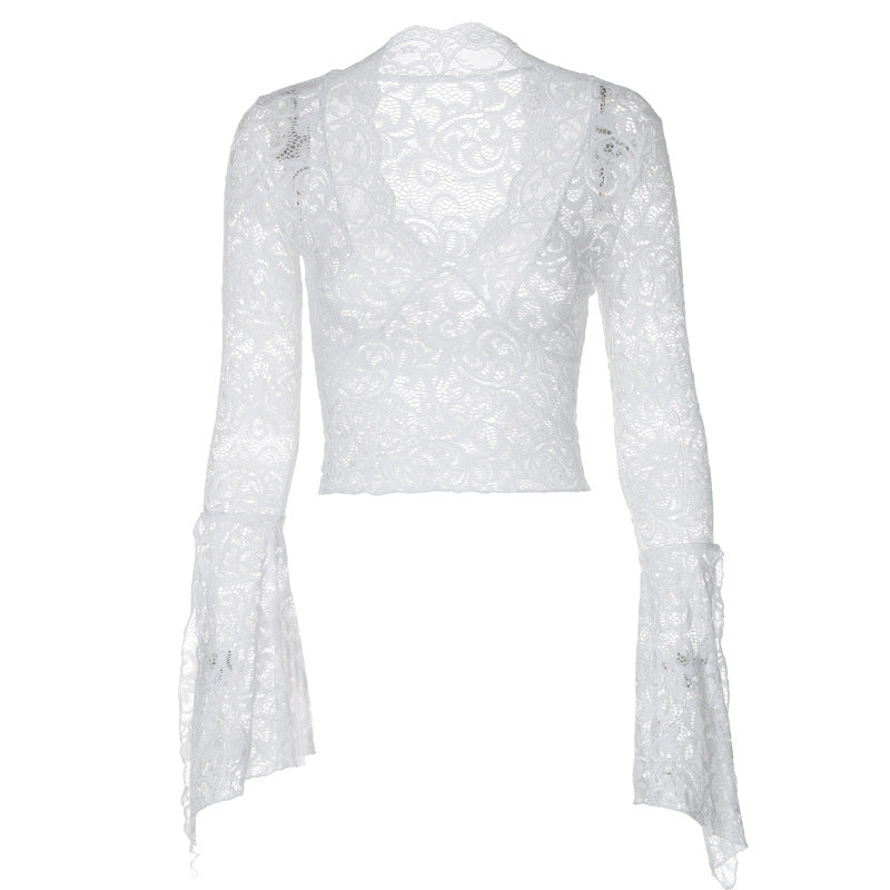 Long flared sleeve lace v neck see through top  | Festival Outfits Women