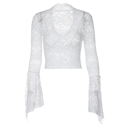 Long flared sleeve lace v neck see through top  | Festival Outfits Women