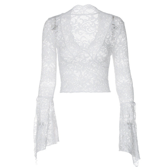 Long flared sleeve lace v neck see through top  | Festival Outfits Women