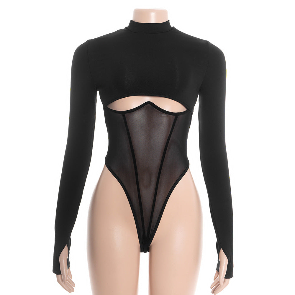 Hollow out long sleeve crewneck mesh bodysuit  | Festival Outfits Women