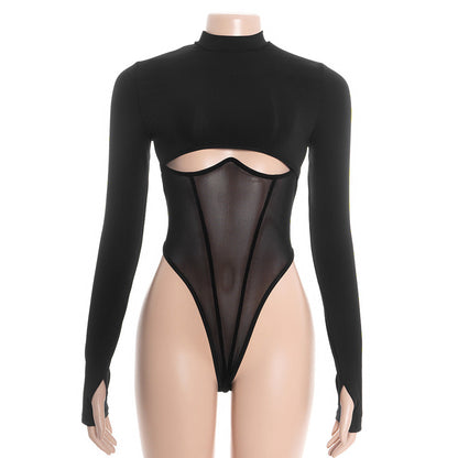Hollow out long sleeve crewneck mesh bodysuit  | Festival Outfits Women