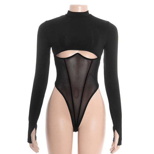 Hollow out long sleeve crewneck mesh bodysuit  | Festival Outfits Women
