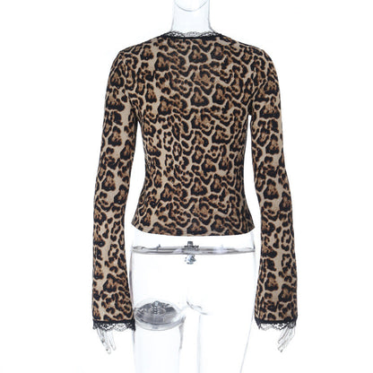 Leopard print lace hem v neck long sleeve self tie top  | Festival Outfits Women  | Cheetah Print Top