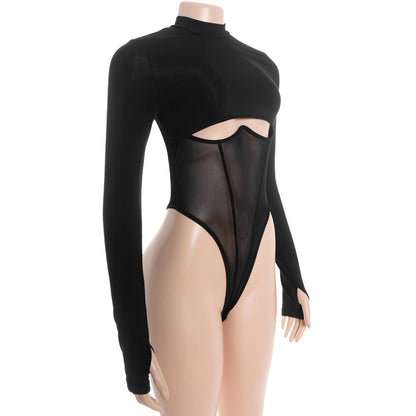 Hollow out long sleeve crewneck mesh bodysuit  | Festival Outfits Women