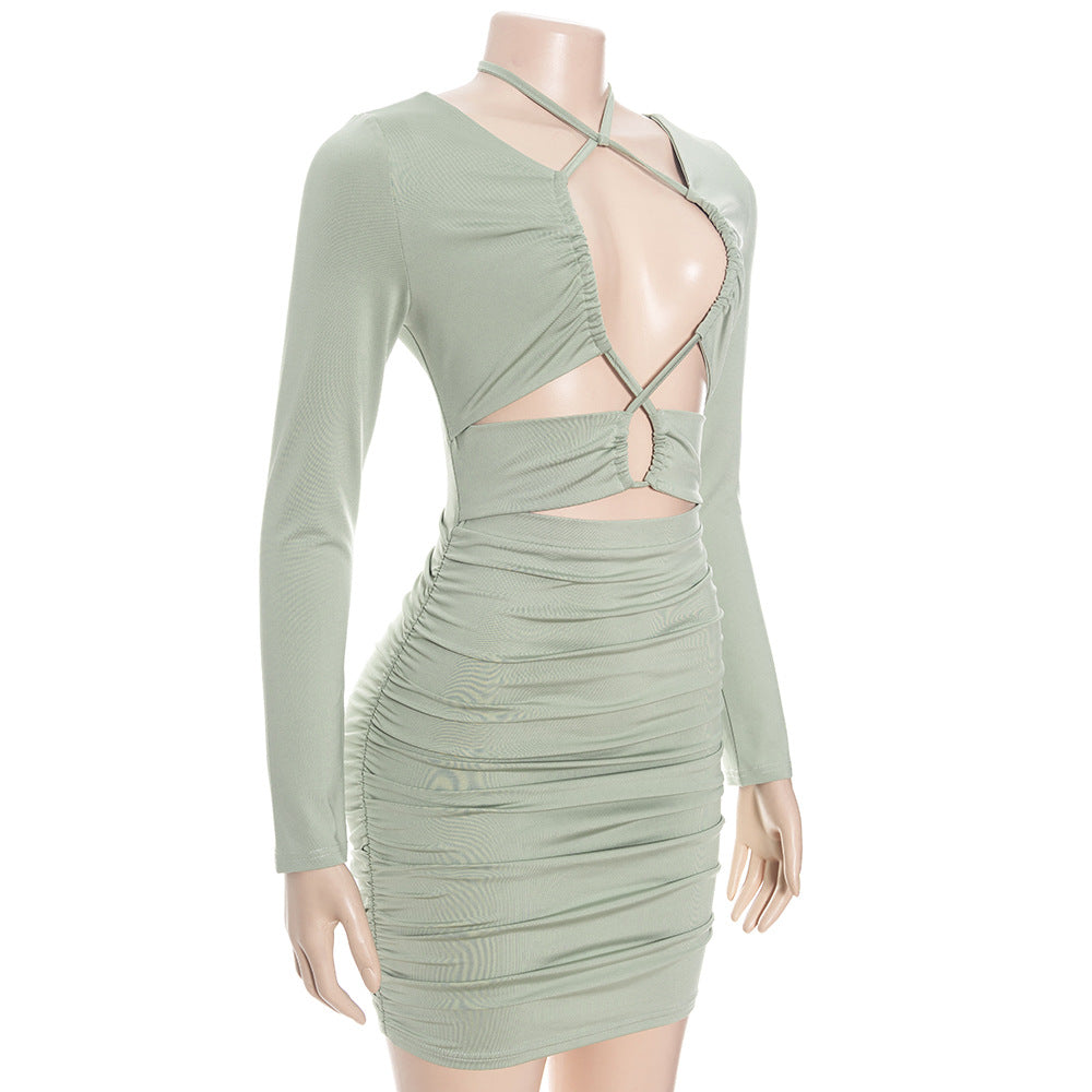 Ruched long sleeve hollow out self tie cut out mini dress  | Festival Outfits Women