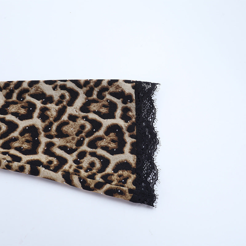 Leopard print lace hem v neck long sleeve self tie top  | Festival Outfits Women  | Cheetah Print Top