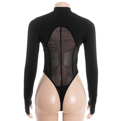 Hollow out long sleeve crewneck mesh bodysuit  | Festival Outfits Women