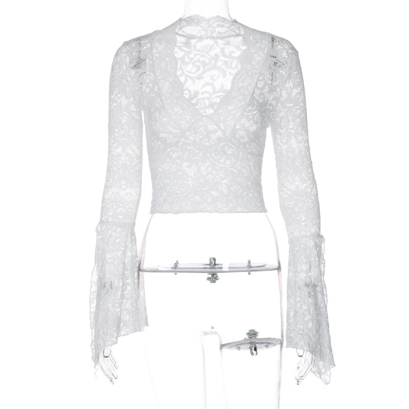 Long flared sleeve lace v neck see through top  | Festival Outfits Women