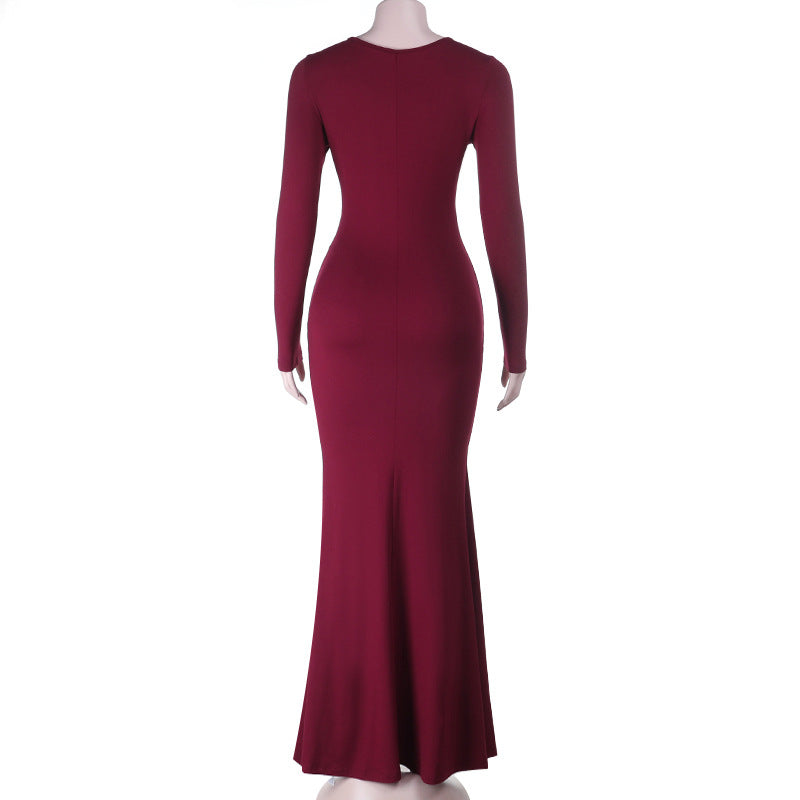 Long sleeve flower applique self tie solid maxi dress  | Festival Outfits Women