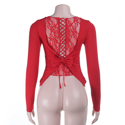 Crewneck long sleeve bowknot lace solid top  | Festival Outfits Women
