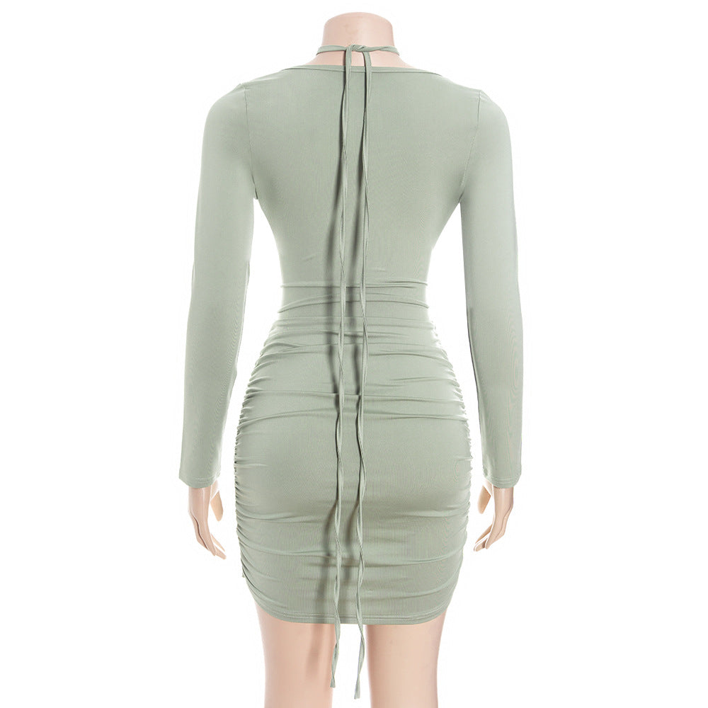 Ruched long sleeve hollow out self tie cut out mini dress  | Festival Outfits Women