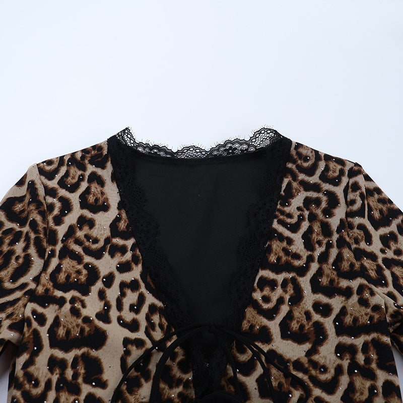 Leopard print lace hem v neck long sleeve self tie top  | Festival Outfits Women  | Cheetah Print Top