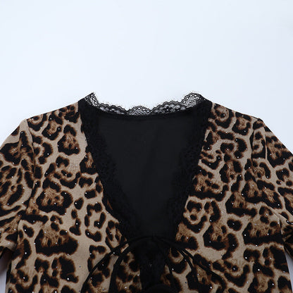 Leopard print lace hem v neck long sleeve self tie top  | Festival Outfits Women  | Cheetah Print Top