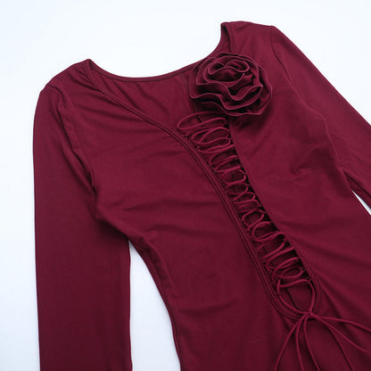 Long sleeve flower applique self tie solid maxi dress  | Festival Outfits Women