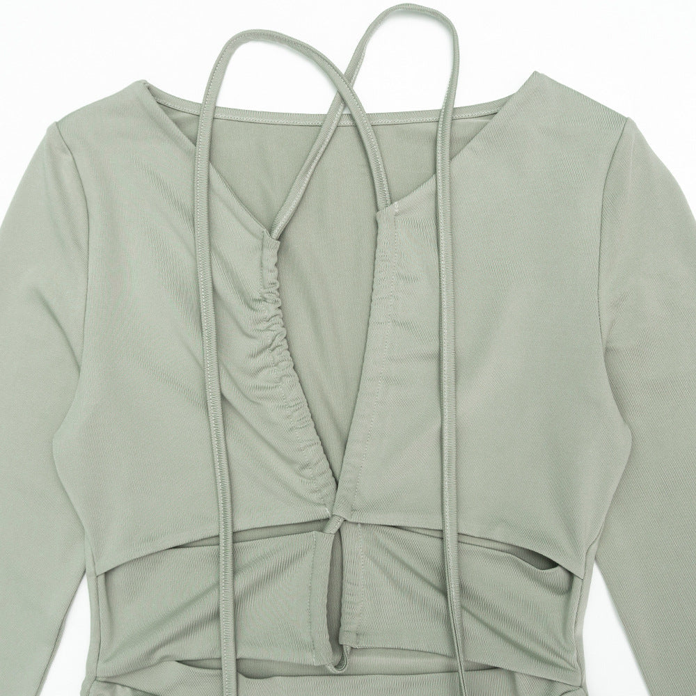 Ruched long sleeve hollow out self tie cut out mini dress  | Festival Outfits Women