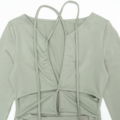 Ruched long sleeve hollow out self tie cut out mini dress  | Festival Outfits Women