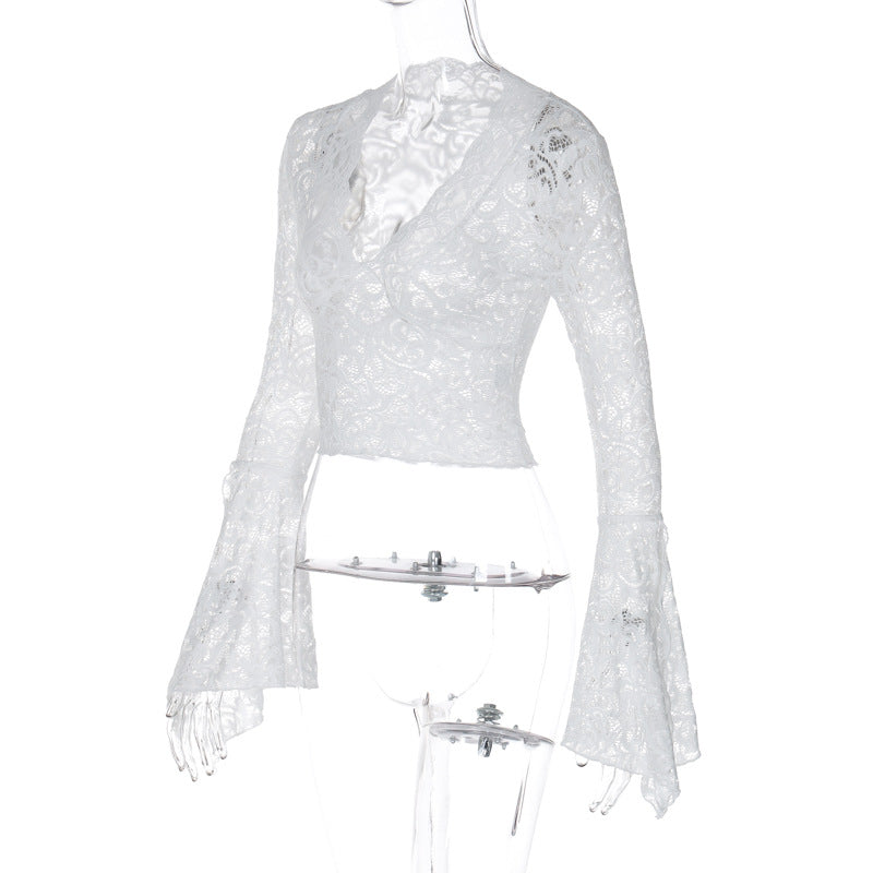 Long flared sleeve lace v neck see through top  | Festival Outfits Women