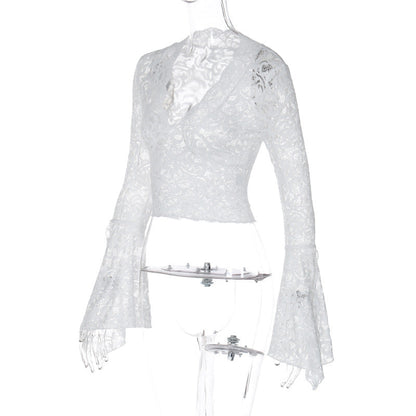 Long flared sleeve lace v neck see through top  | Festival Outfits Women
