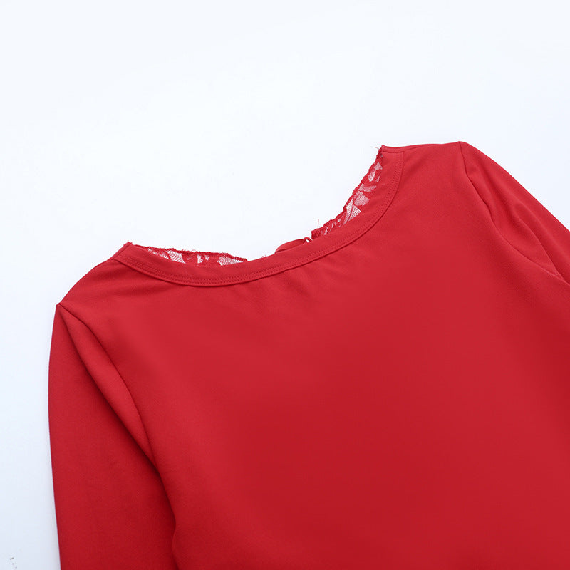 Crewneck long sleeve bowknot lace solid top  | Festival Outfits Women