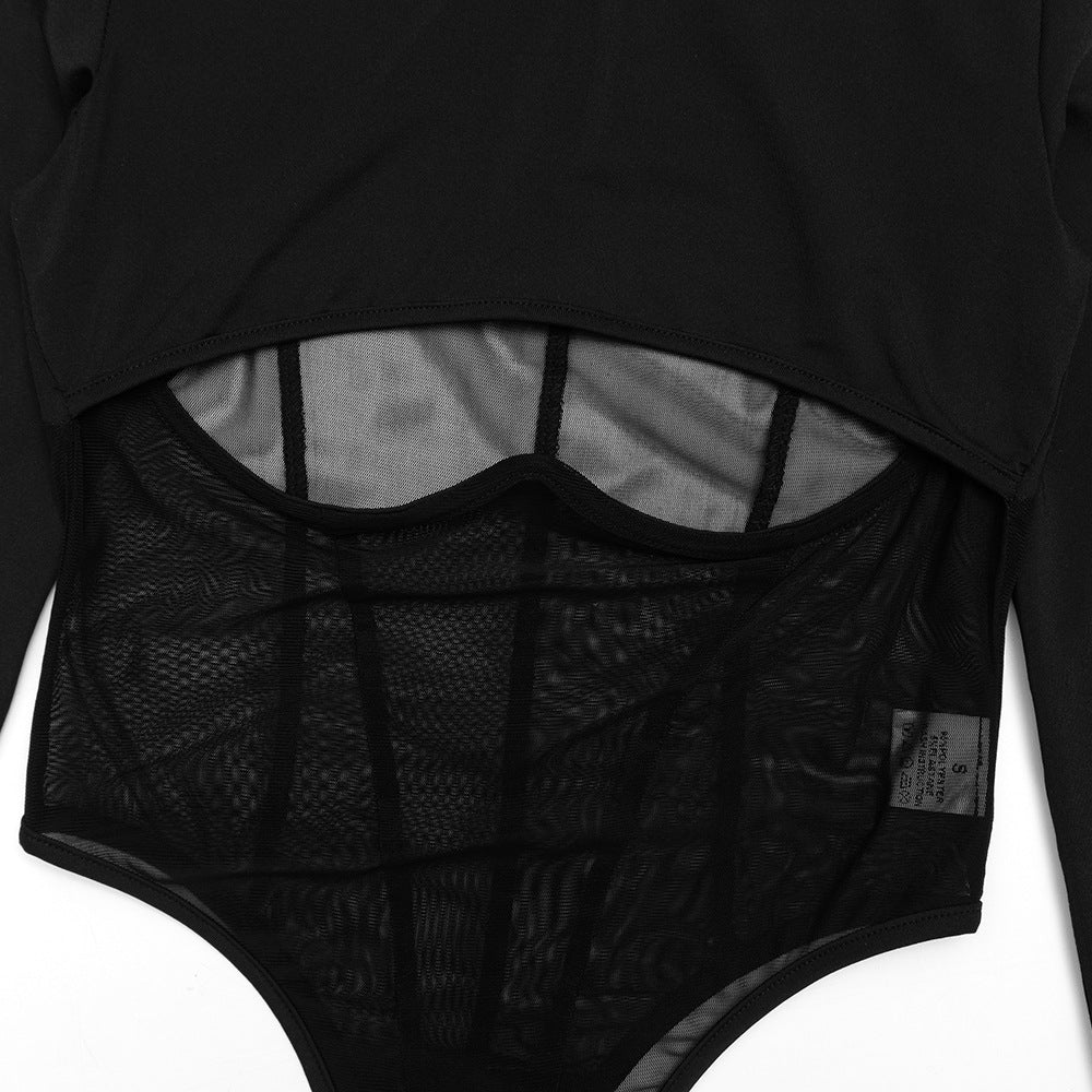 Hollow out long sleeve crewneck mesh bodysuit  | Festival Outfits Women