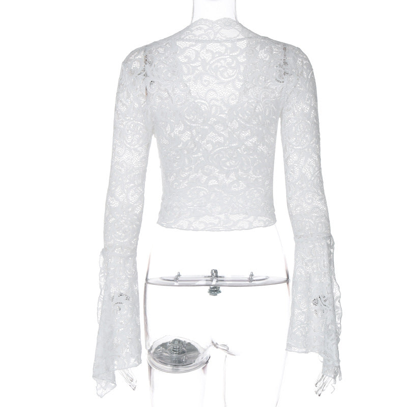 Long flared sleeve lace v neck see through top  | Festival Outfits Women