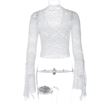 Long flared sleeve lace v neck see through top  | Festival Outfits Women