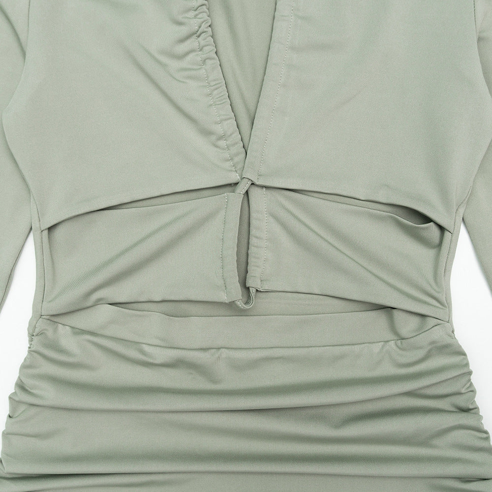 Ruched long sleeve hollow out self tie cut out mini dress  | Festival Outfits Women