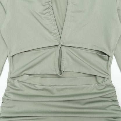 Ruched long sleeve hollow out self tie cut out mini dress  | Festival Outfits Women