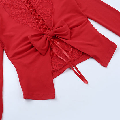 Crewneck long sleeve bowknot lace solid top  | Festival Outfits Women