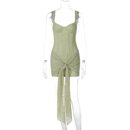 Self tie lace v neck zip-up cami mini dress  | Festival Outfits Women