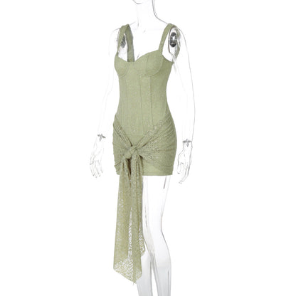Self tie lace v neck zip-up cami mini dress  | Festival Outfits Women