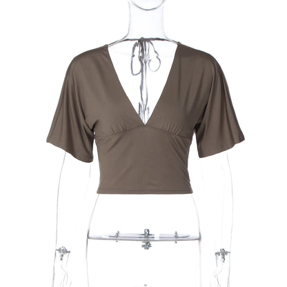 Short sleeve v neck self tie backless top  | Festival Outfits Women