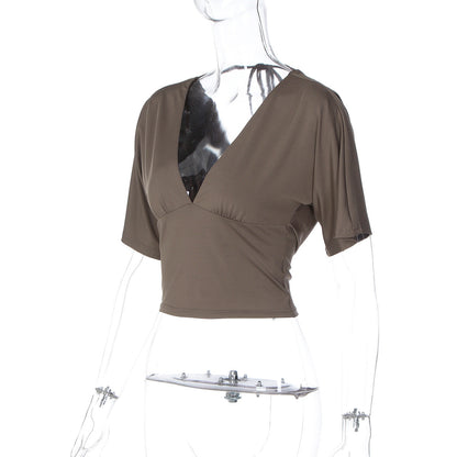 Short sleeve v neck self tie backless top  | Festival Outfits Women