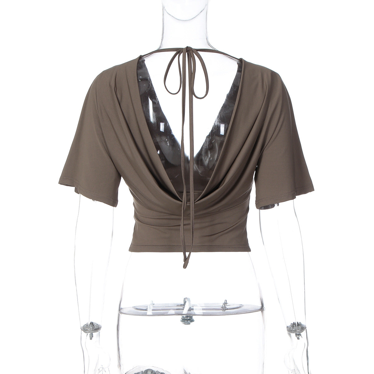 Short sleeve v neck self tie backless top  | Festival Outfits Women