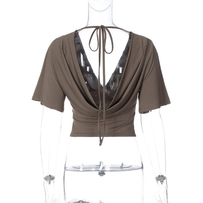 Short sleeve v neck self tie backless top  | Festival Outfits Women
