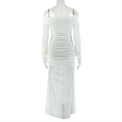 Long sleeve off shoulder halter hollow out mesh cut out maxi dress  | Festival Outfits Women