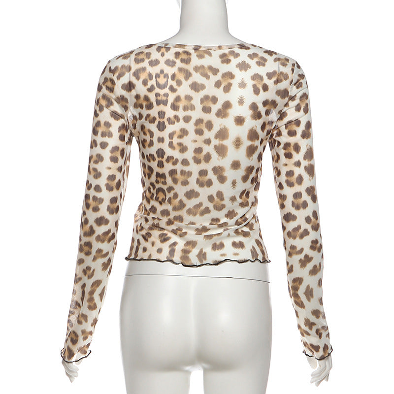 Long sleeve leopard print lace hem top  | Festival Outfits Women  | Cheetah Print Top