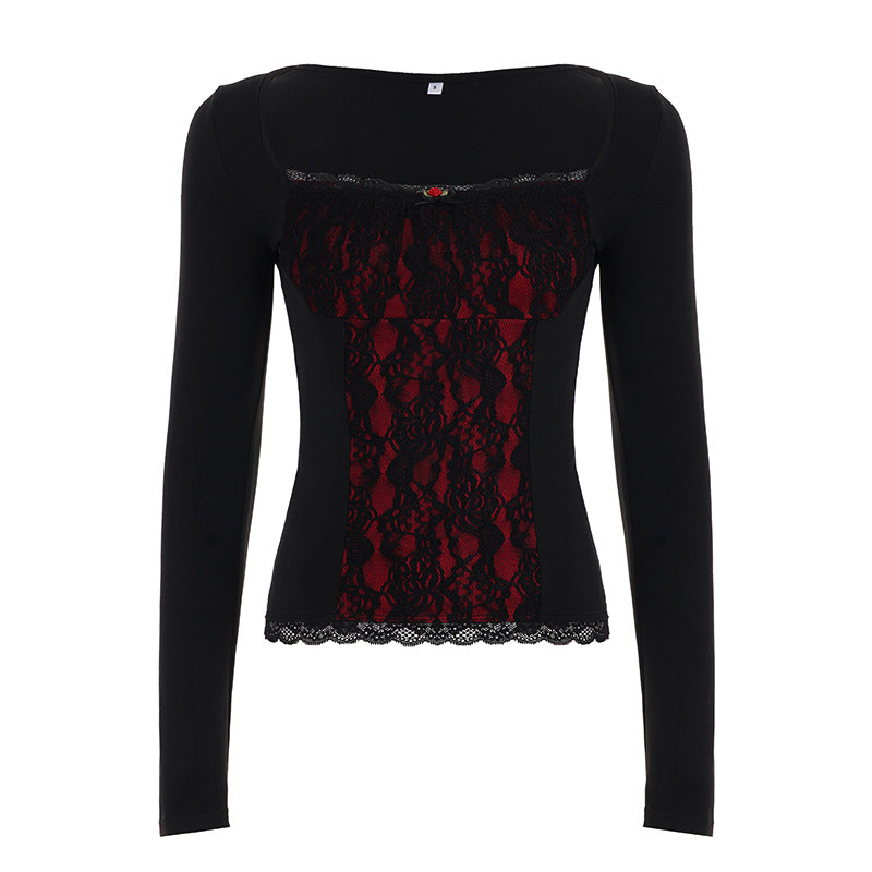 Square neck long sleeve flower applique lace top  | Festival Outfits Women